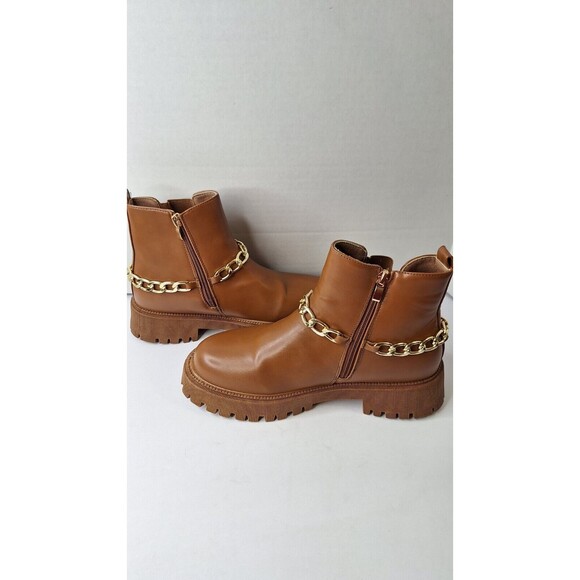 Women's Brown Lugged Sole Chunky Ankle Boots/Booties w/ Gold Chain Sz 10 Grunge - Picture 7 of 11
